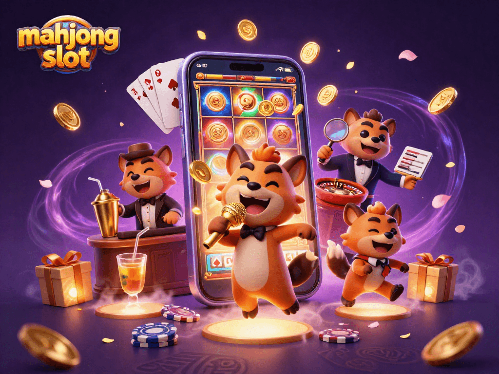 Illustration featuring mahjong slot themes with animated hyena characters in a vibrant casino scene.