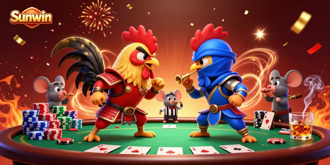 Sunwin casino features dynamic poker showdown between roosters, showcasing vibrant chips and dramatic effects.