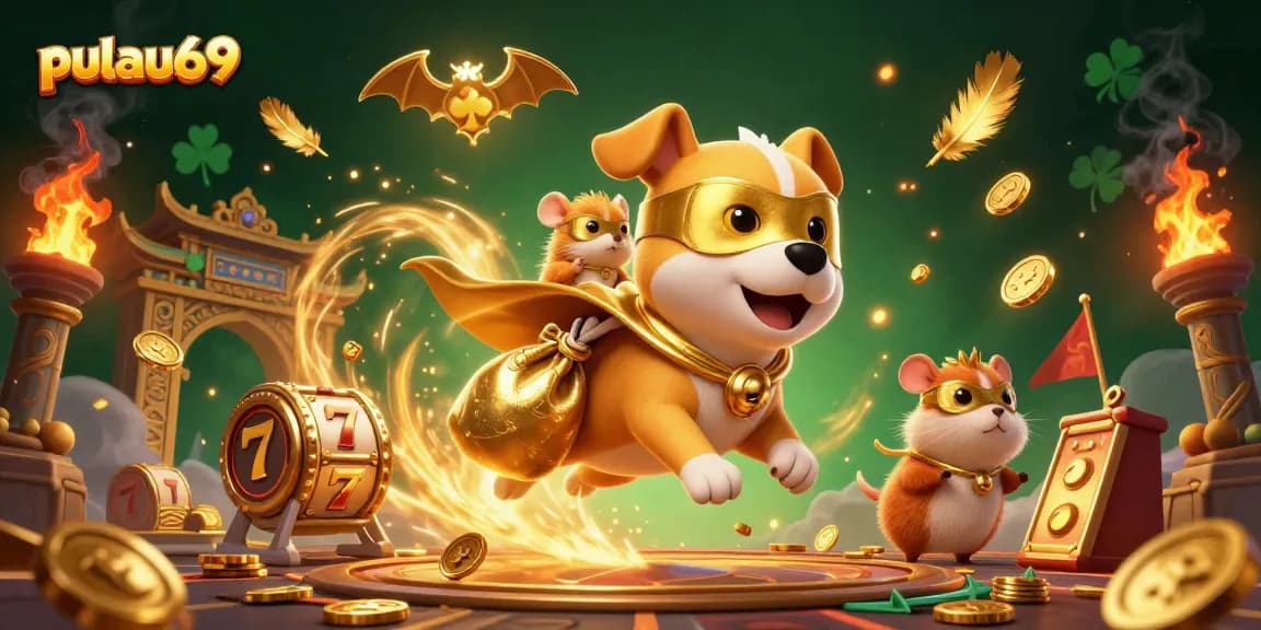Experience gaming fun with pulau69 while a superhero dog flies through a jackpot world