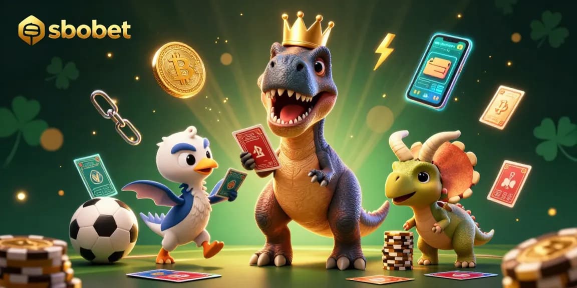 SBOBET sports betting scene with cartoon T-Rex shuffling cards and casino elements.
