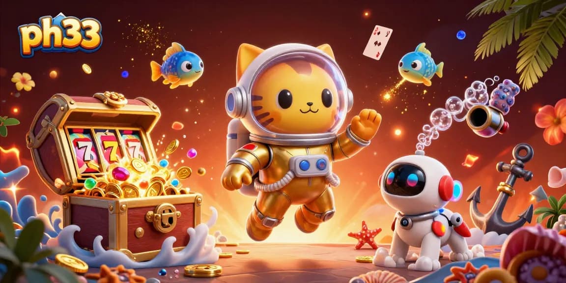 Experience thrilling gaming at ph33 with a vibrant illustration of an astronaut cat, robot dog, and fish in a dynamic casino scene.