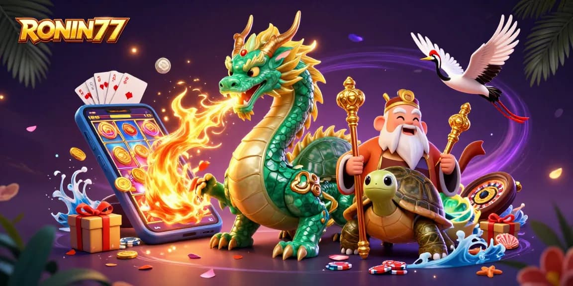 Experience the thrill of gaming with RONIN77, featuring vibrant slot elements and mystical characters.