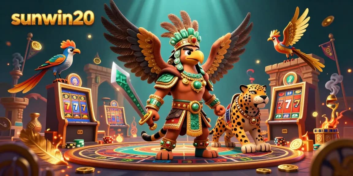 Experience thrilling gameplay with sunwin20 as the Aztec warrior battles in a vibrant casino scene.