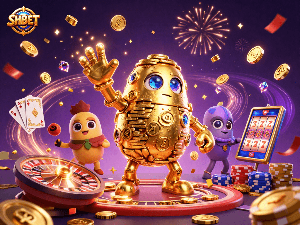 Engage with SHBET's thrilling casino experience featuring massive golden golem and dynamic game elements.