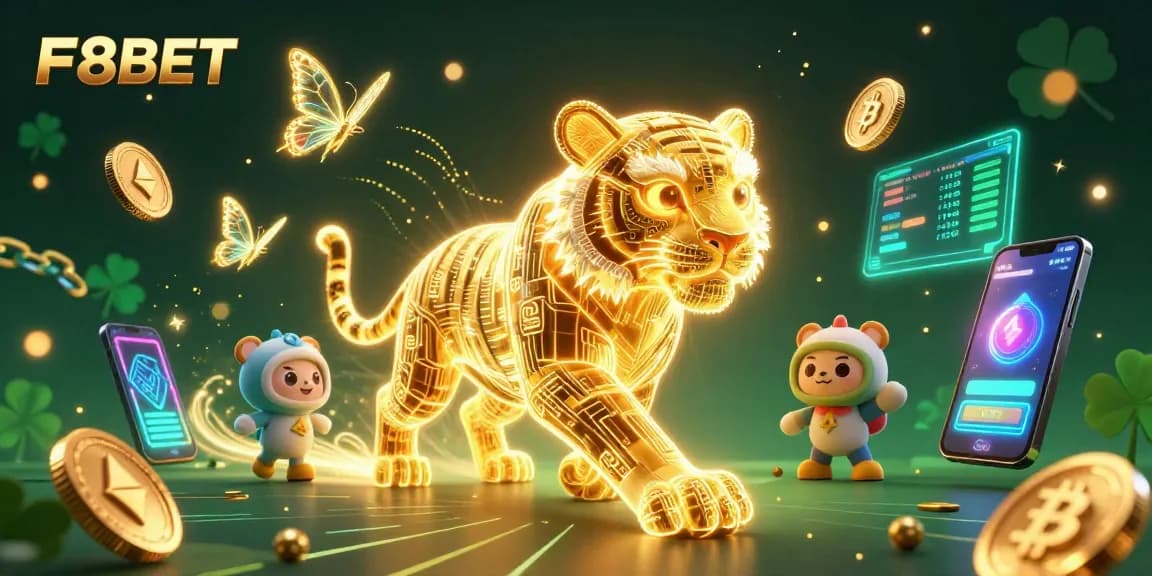 F8BET showcases a vibrant casino scene with a neon tiger and holographic elements, emphasizing dynamic gameplay.