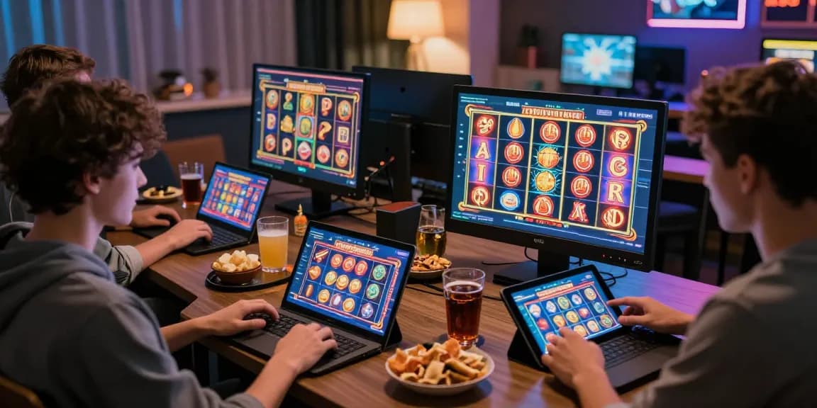 Exciting online slot gaming experience with players, Link Alternatif Cemeslot visible on screens showing vibrant graphics and a cozy atmosphere.