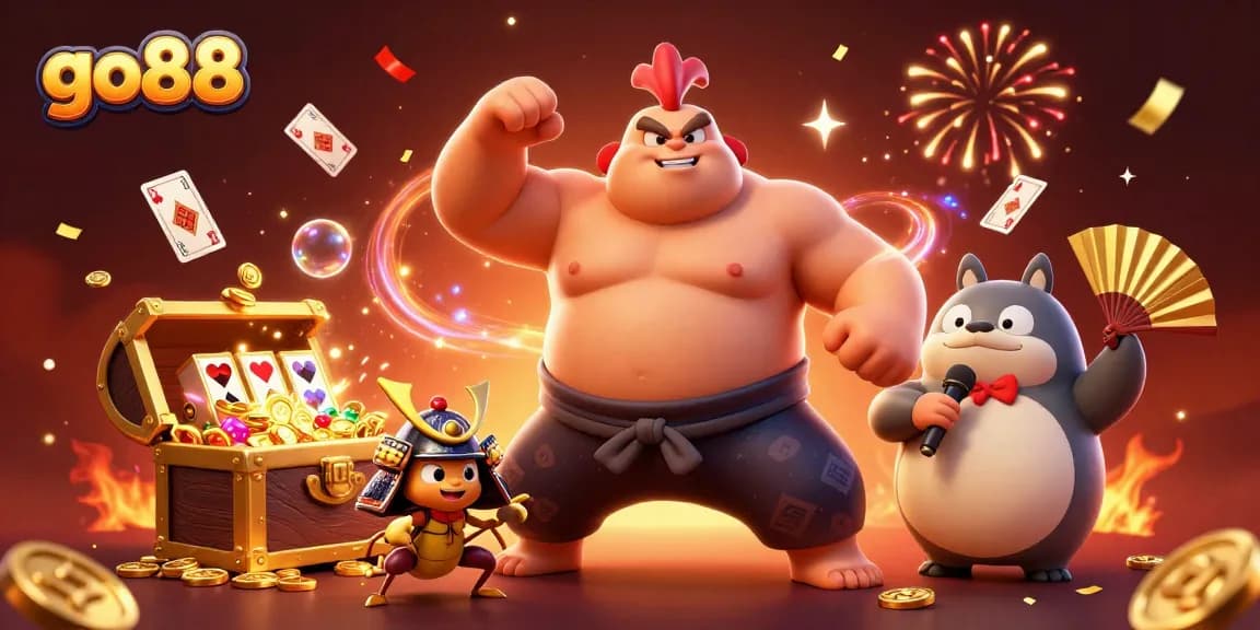 Join go88 in a dynamic casino scene featuring a powerful sumo rooster, a fierce cricket, and a tanuki announcer surrounded by exciting game elements.