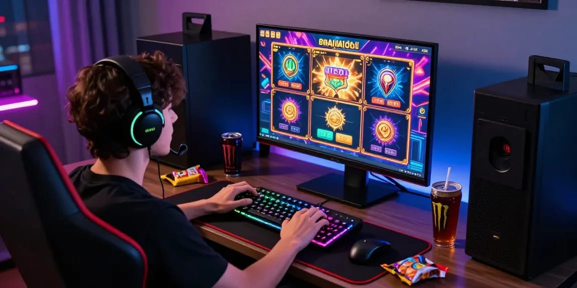 Pengguna slot menikmati permainan slot online dengan grafis cerah di ruang bermain yang nyaman.