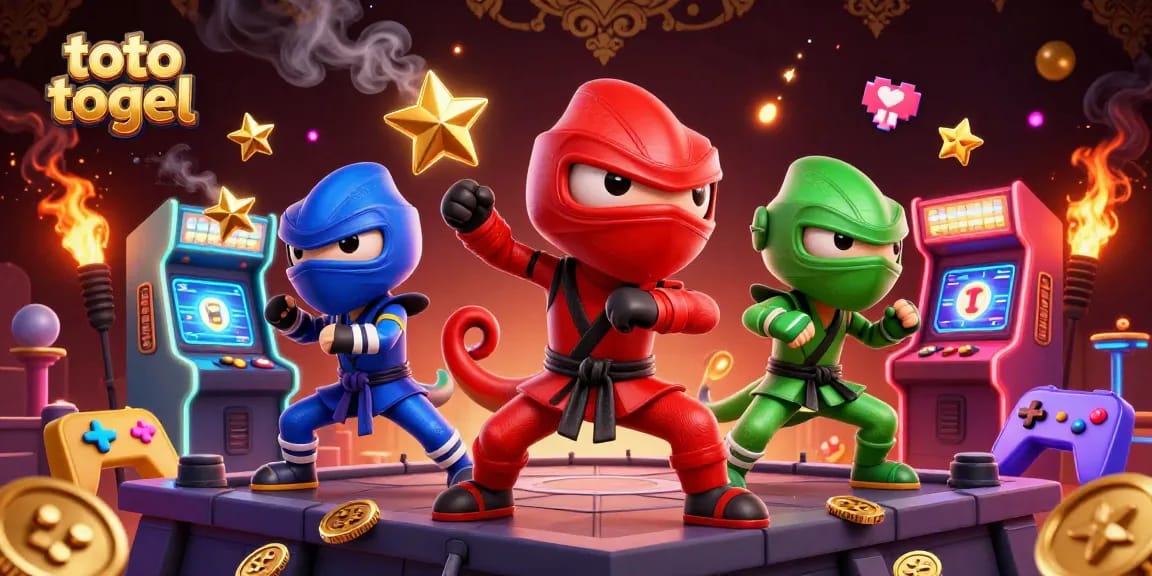 Explore exciting gameplay with toto togel in a vibrant 3D animated scene featuring ninjas and game elements.