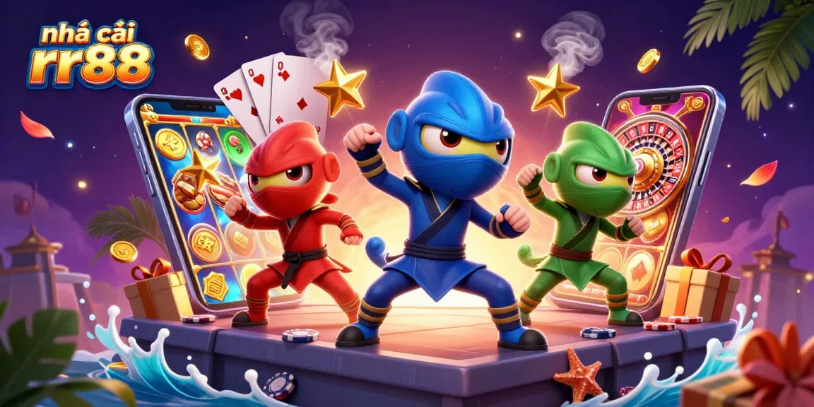 Experience thrilling gaming action with nhà cái rr88's vibrant 3D ninja chameleons amidst a colorful casino setup.