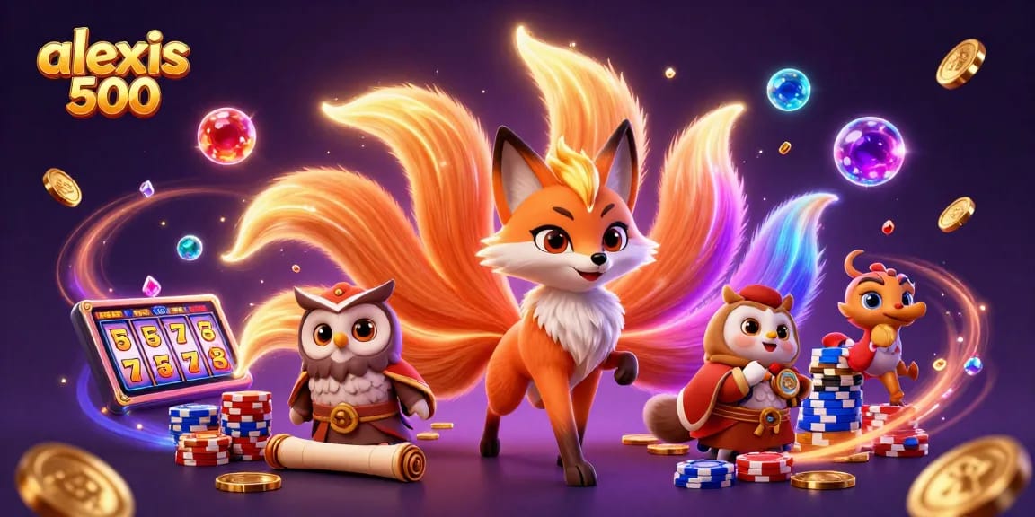 Experience exciting gameplay with alexis 500 in this rich casino-themed 3D illustration featuring vibrant characters and dynamic elements.