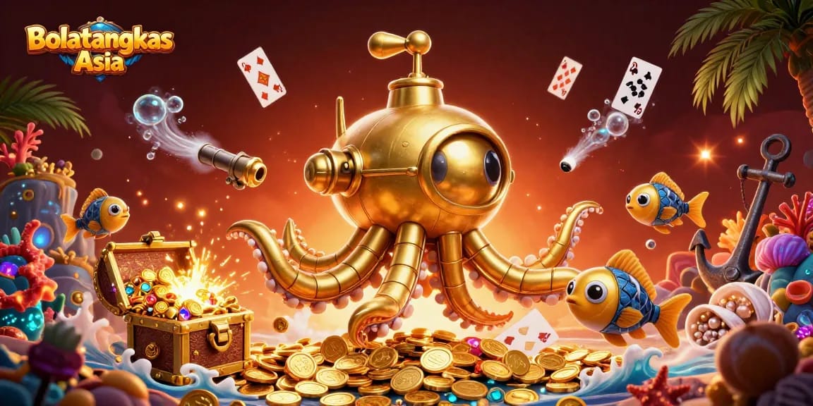 Bolatangkas Asia game illustration featuring treasure, cards, and a golden kraken submarine in action.