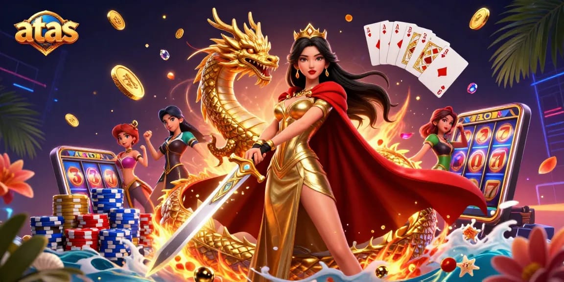 Embrace winning vibes at ATAS casino, showcasing a warrior queen and a golden dragon amidst vibrant slots and gaming excitement.