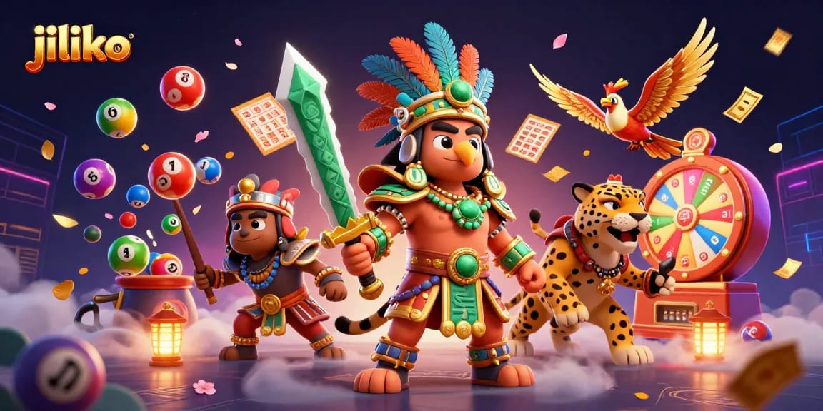 Experience thrilling lottery excitement with jiliko as colorful balls bounce among Aztec warriors in a rich casino scene.