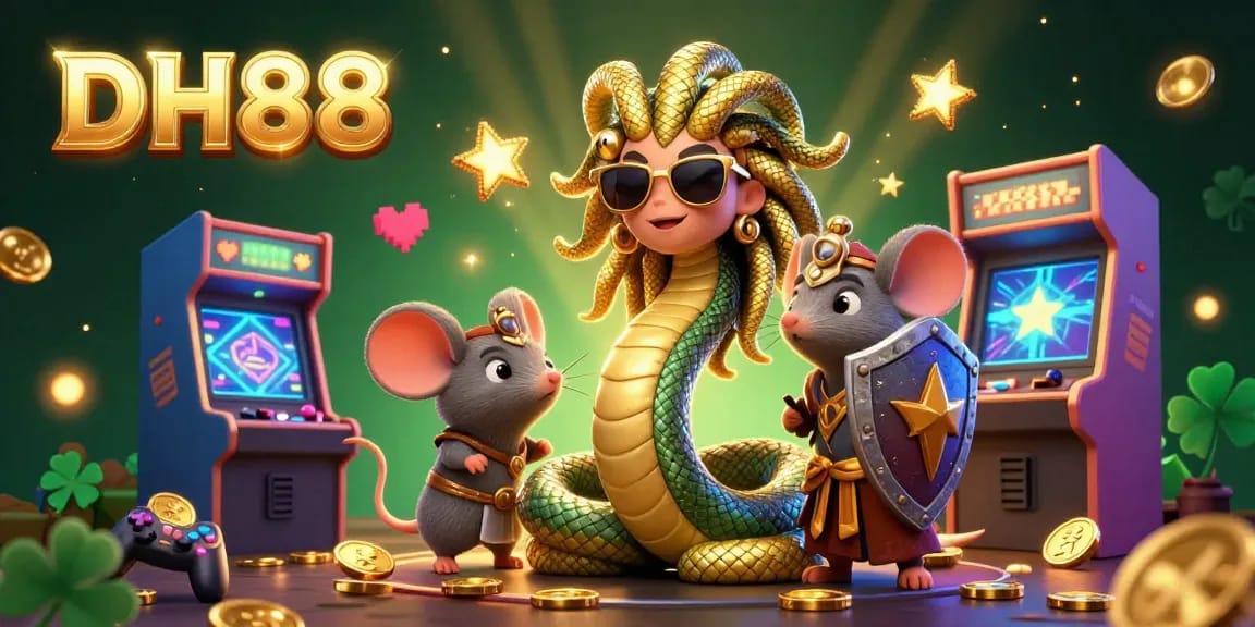 Engage with thrilling DH88 casino games featuring Medusa and a mouse warrior amidst vibrant arcade elements.