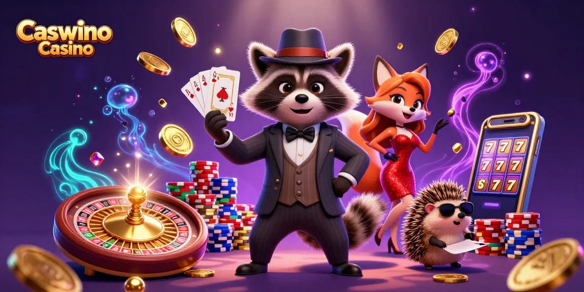 Experience excitement at Caswino Casino with raccoon, fox, and hedgehog in a vibrant gaming scene.