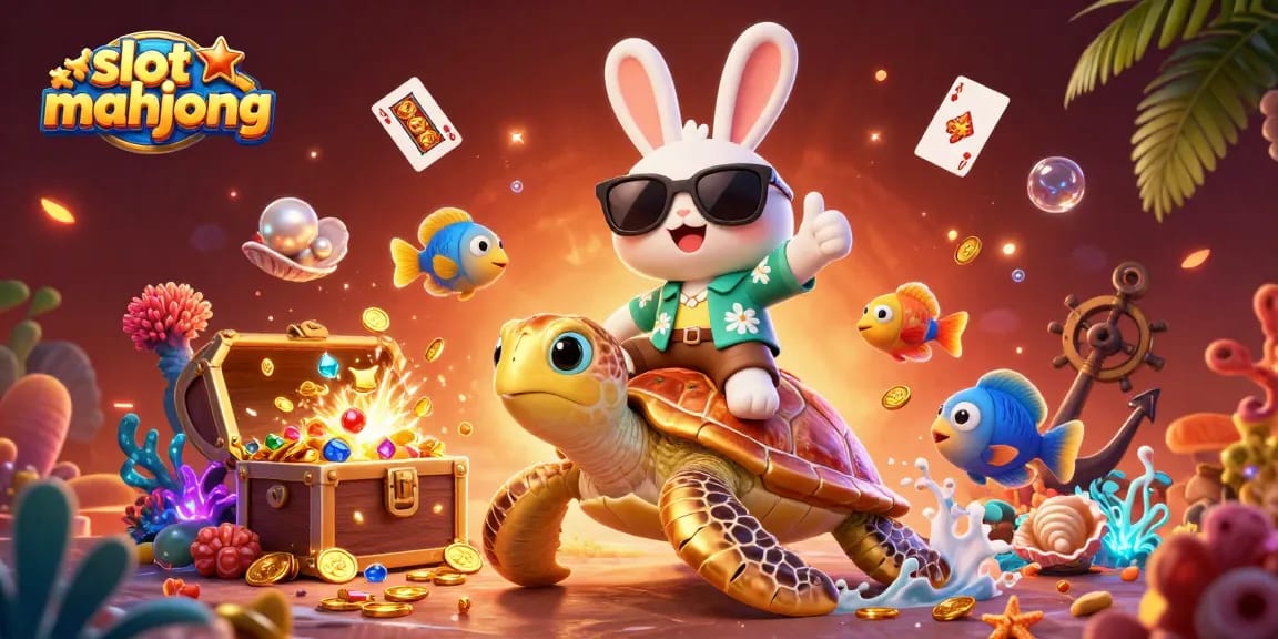 Experience slot mahjong adventures with a lucky rabbit and golden turtle amidst colorful casino elements.