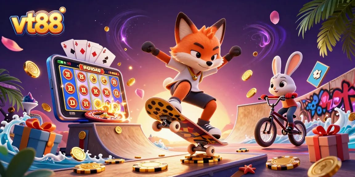 vt88 showcases thrilling 3D cartoon characters at a vibrant casino setting, featuring a fox and rabbit.