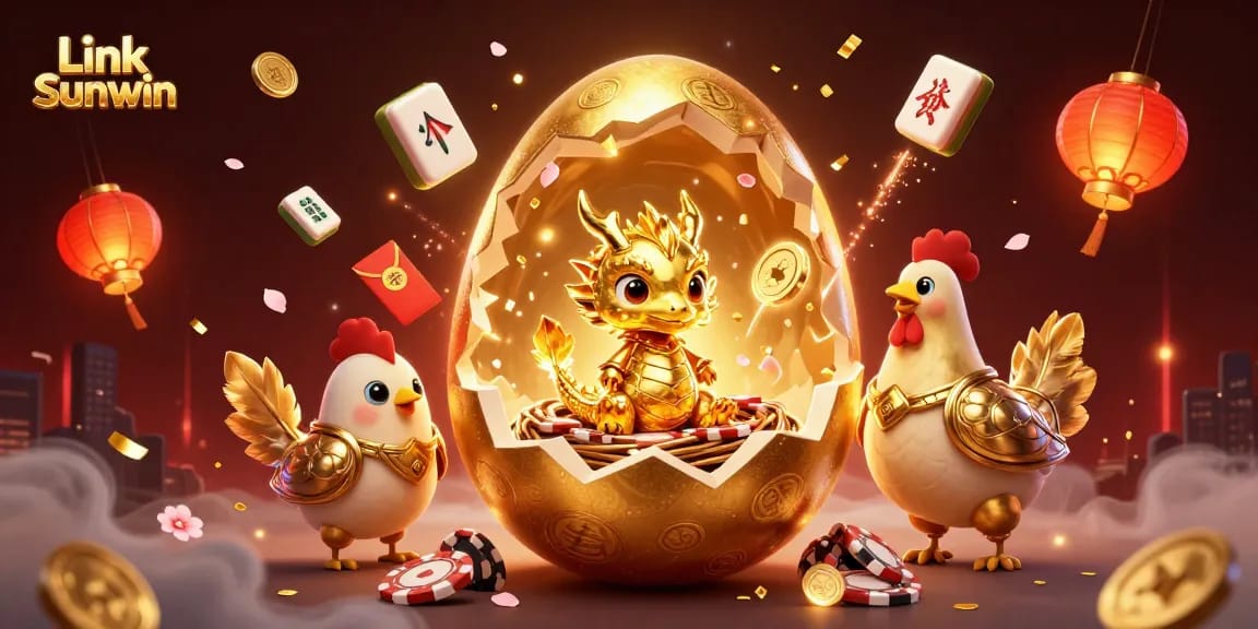 Engage with exciting games at Link Sunwin with a captivating 3D illustration featuring a golden dragon and poker chips.