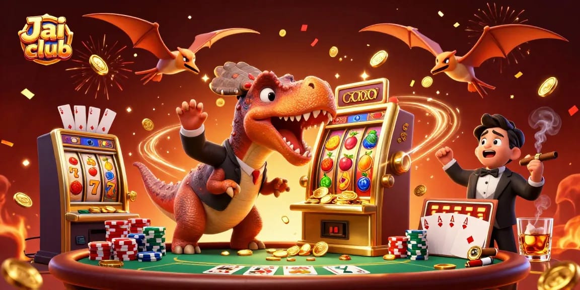 Jai club showcases a pachycephalosaurus hitting a slot machine for jackpot coins amidst chaotic casino action.