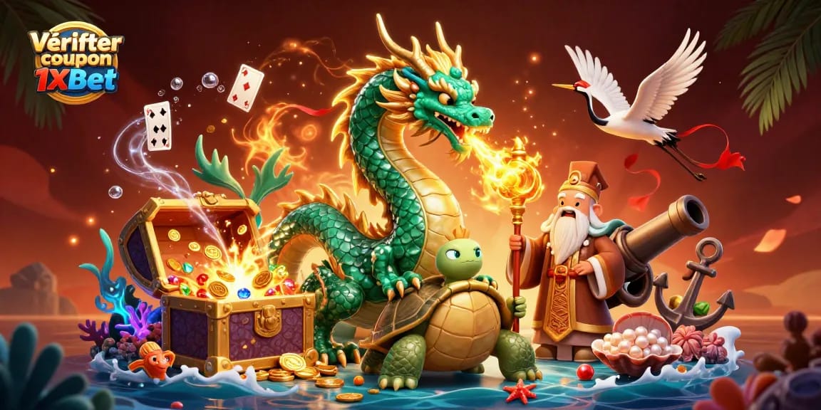 Vérifier coupon 1xbet efficacement avec cette illustration captivante de dragons et de tortues sages.