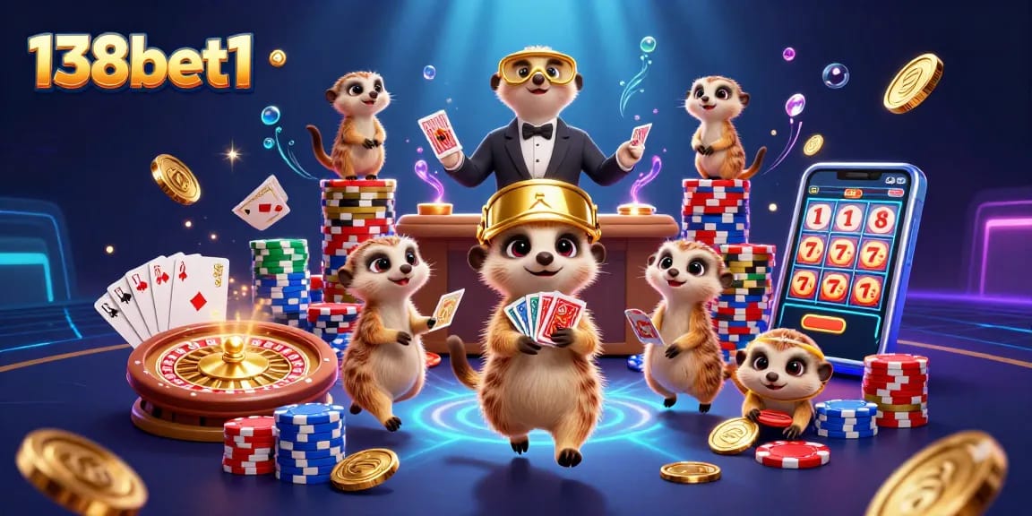 Engage in fun gambling with 138bet1's dynamic 3D meerkats running a casino operation.
