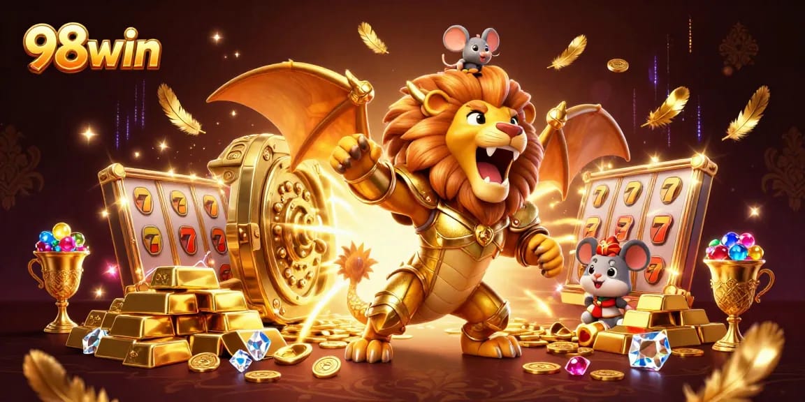 Win big with 98win as a chimera and mouse jockey game in an ultra-detailed 3D illustration.