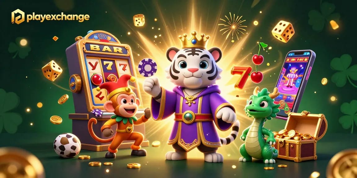 Playexchange scene with a white tiger, monkey, and jade dragon immersed in gaming excitement.