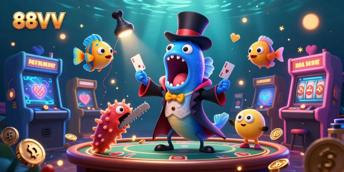88VV engages players with a vibrant 3D illustration featuring a gulper eel magician in a lively underwater casino.