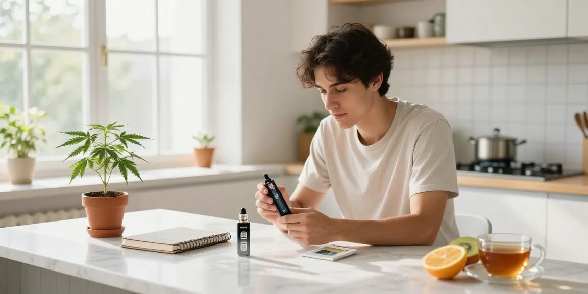 Legal vaping age in Cyprus represented by a young adult in a kitchen verifying age with photo ID and vape product, highlighting natural wellness.
