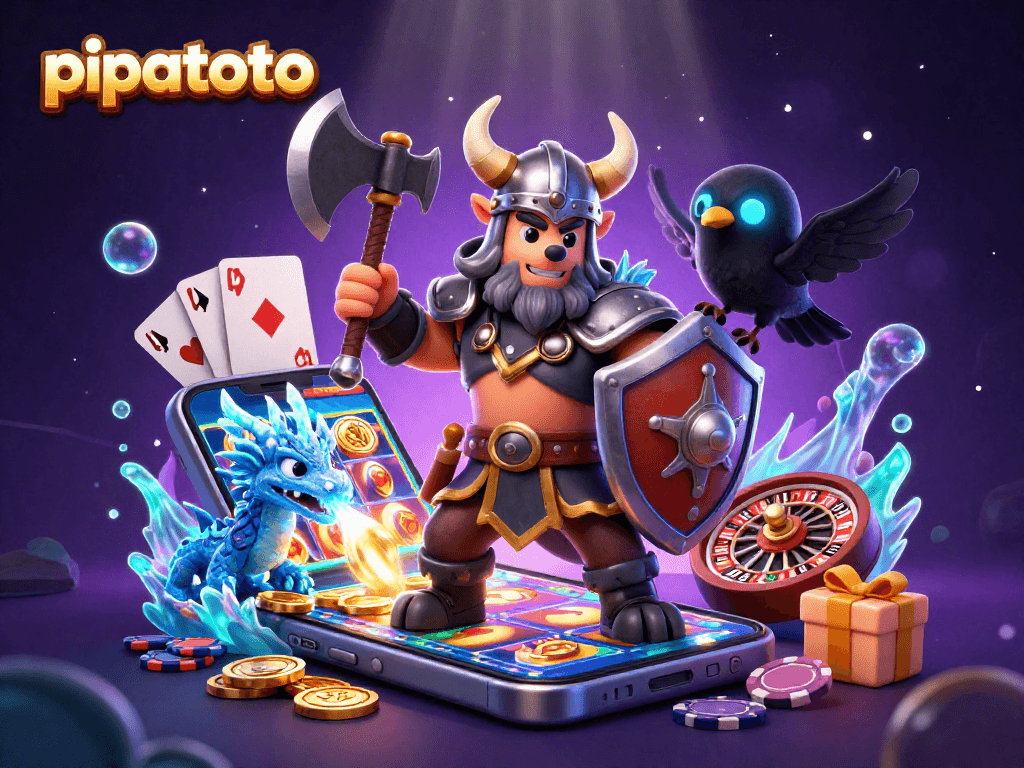 Pipatoto showcases a 3D Viking warrior, dragon, and raven amidst vibrant casino elements like slot games and coins.
