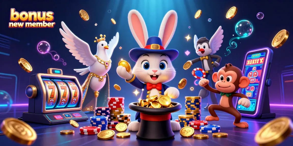 Engage with the bonus new member offer as the magician rabbit pulls coins from a top hat, surrounded by casino excitement.