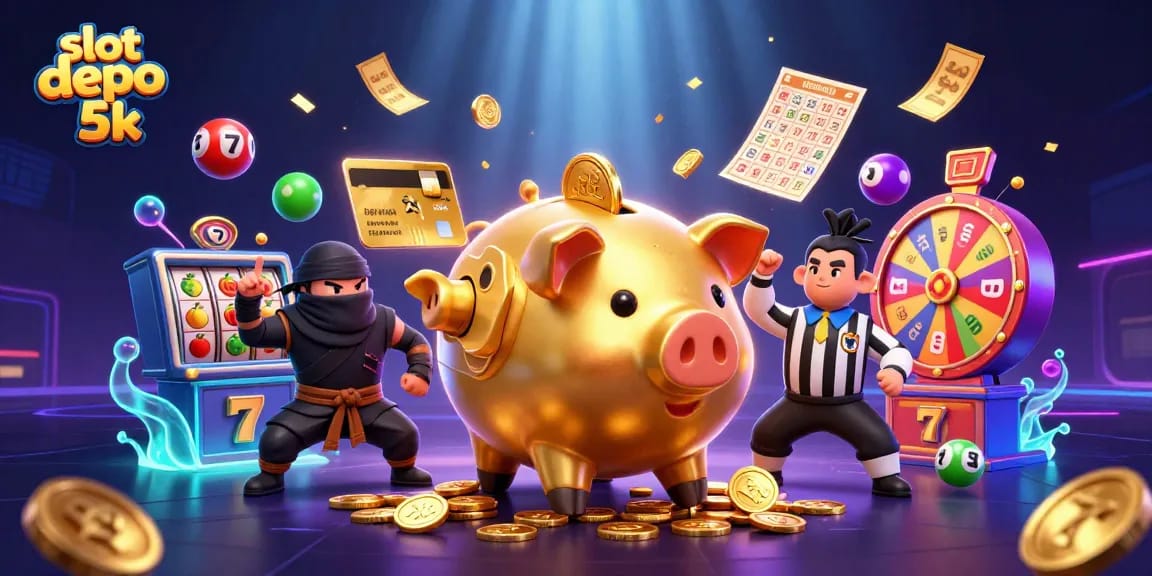 Experience thrilling wins with slot depo 5k in this lively 3D casino illustration featuring dynamic gaming elements.
