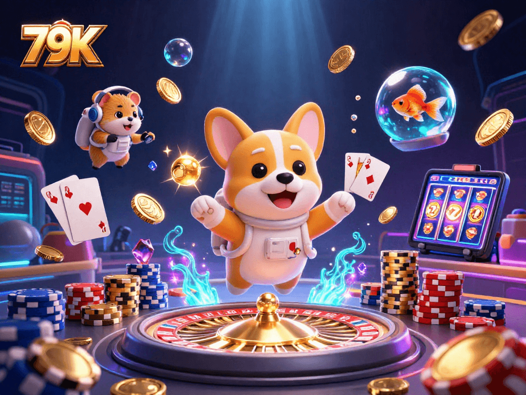 Aposte no cassino virtual 79K enquanto desfruta de uma cena colorida de jogo com personagens carismáticos e prêmios flutuantes