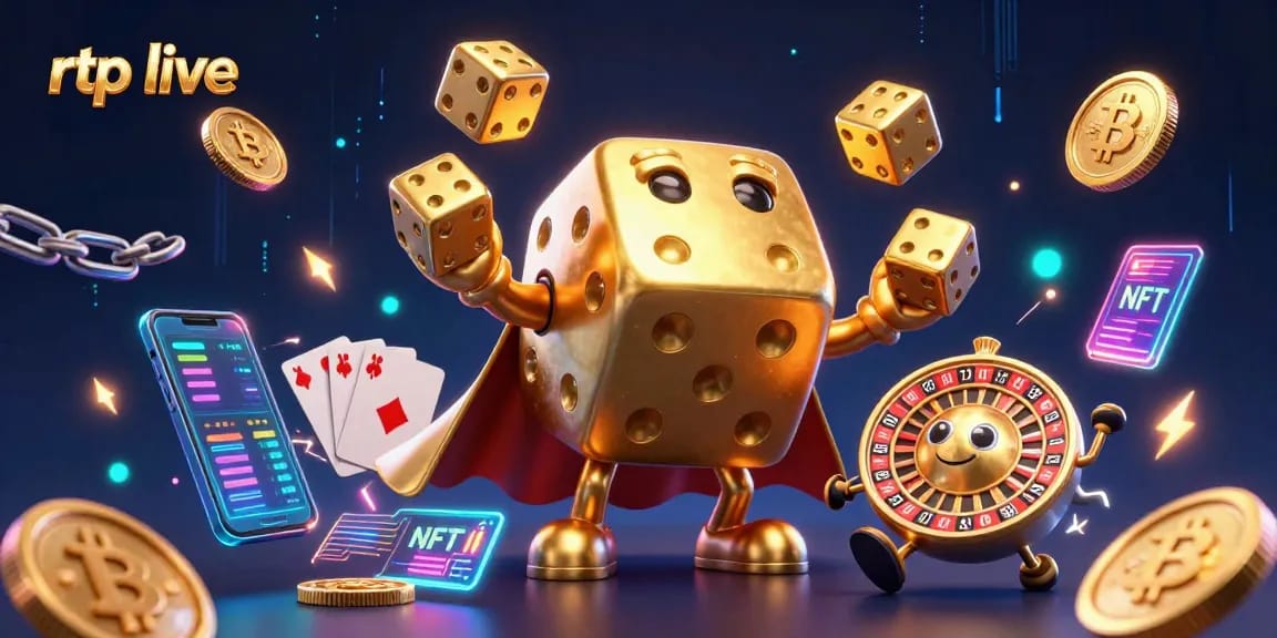 Experience rtp live action with a vibrant 3D scene of a golden dice golem and crypto elements.