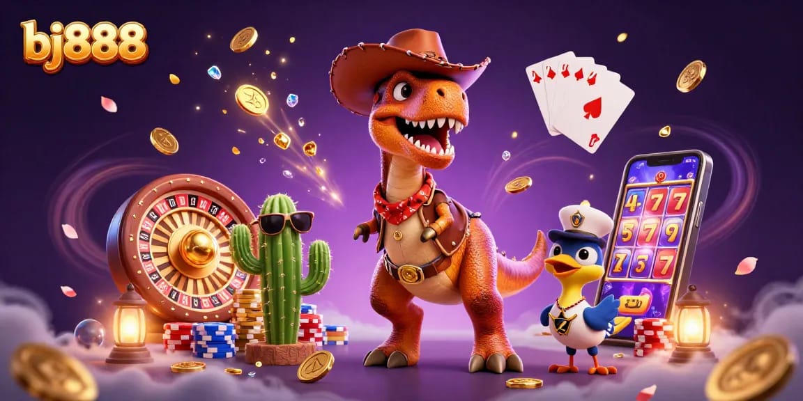 Experience thrilling gambling action with bj888 featuring a dinosaur, cactus, and roadrunner surrounded by casino elements.