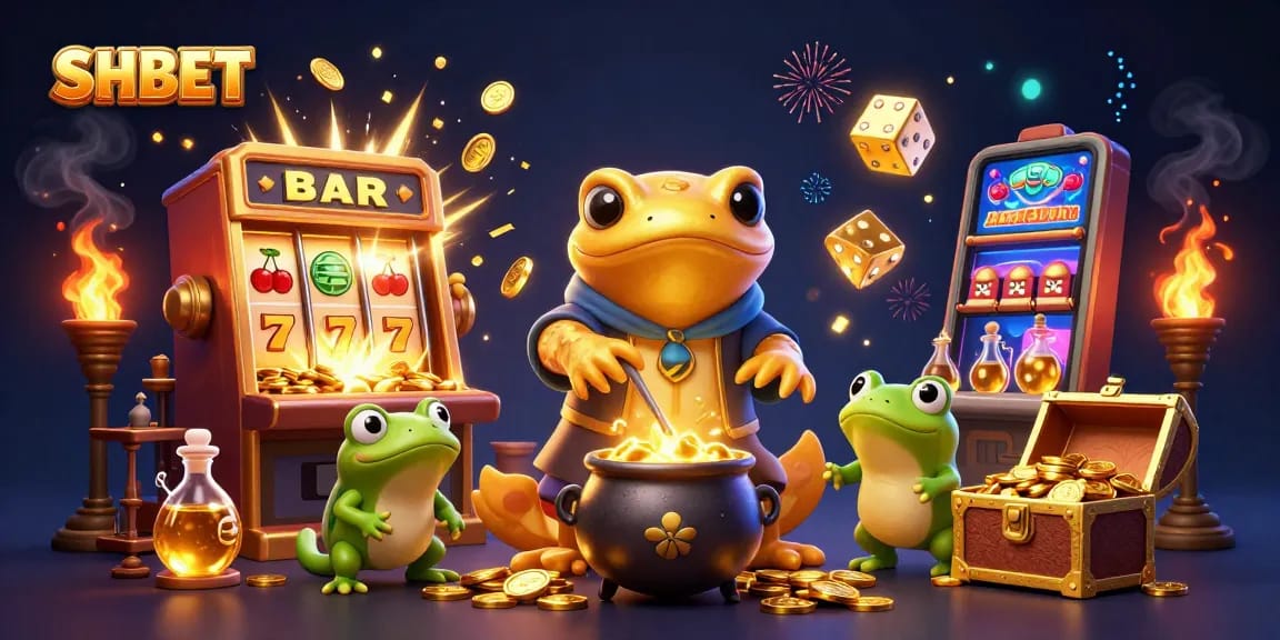Experience thrilling wins at SHBET with a lively illustration showcasing golden alchemists and action-filled casino games.