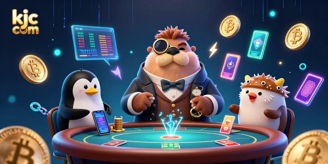 Engaging scene of KJC com with a jolly walrus, sophisticated dealer penguin, and bluffing pufferfish at an underwater poker game
