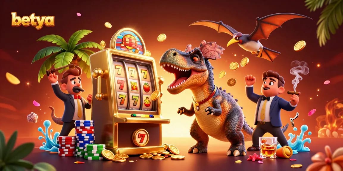 Experience thrilling bets with Betya in a vibrant 3D casino scene, showcasing exciting jackpots and games.