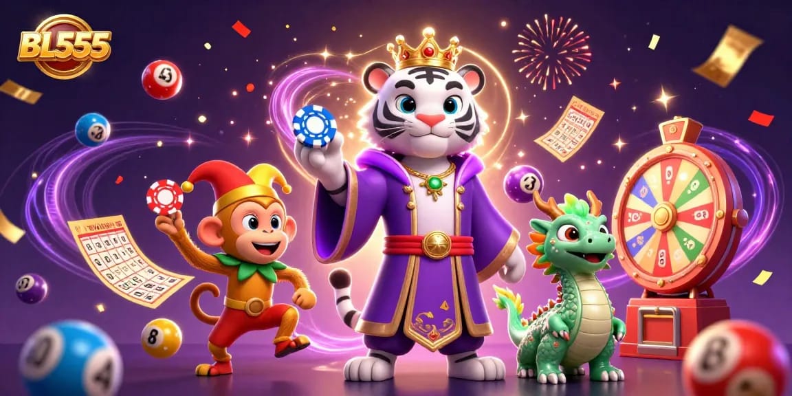 Engage in thrilling gaming action with BL555's vibrant 3D illustration featuring playful characters.