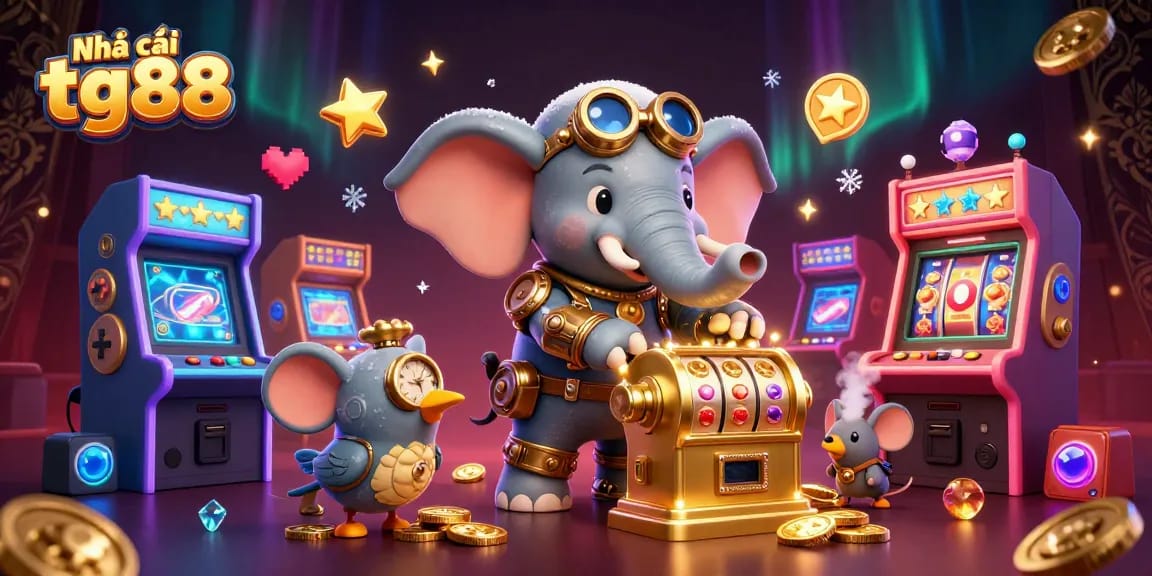 Engage with Nhà cái tg88's vibrant casino scene featuring a steampunk elephant and exciting slot games.