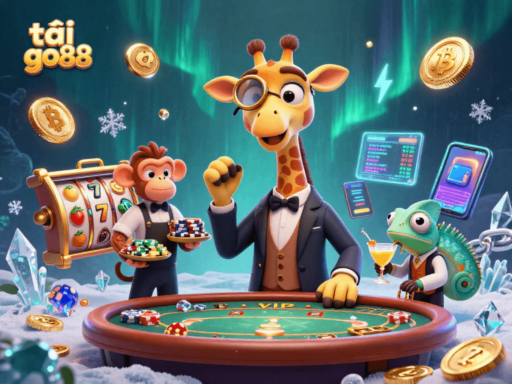 Experience the thrill of tải go88 in this vibrant 3D casino scene featuring a high-roller giraffe and a dynamic gambling atmosphere.