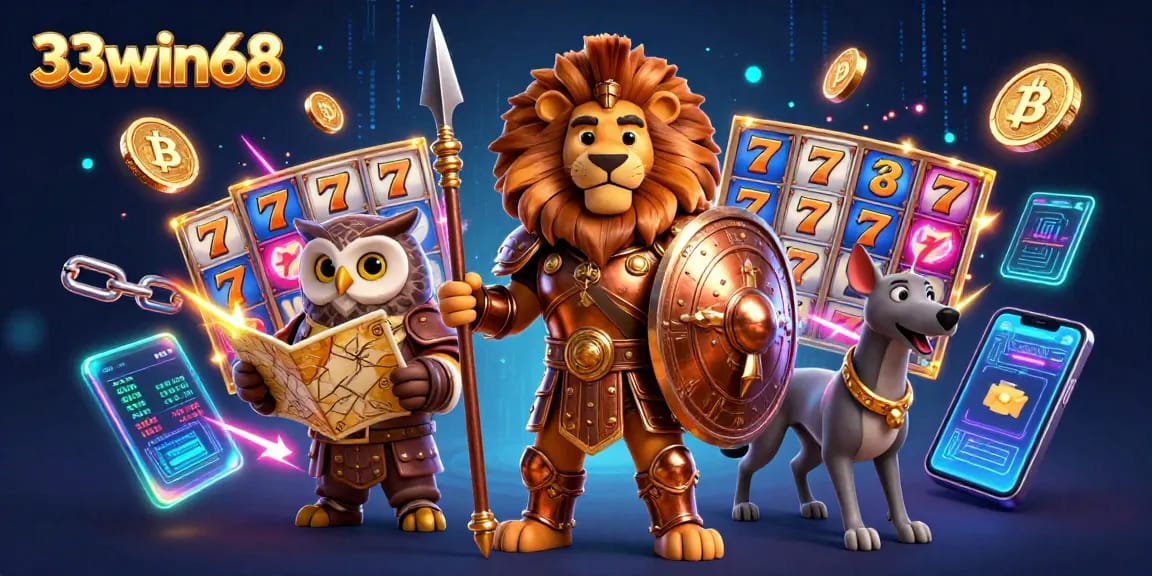 Experience thrilling wins at 33win68 with an electrifying casino scene filled with vibrant elements and characters.