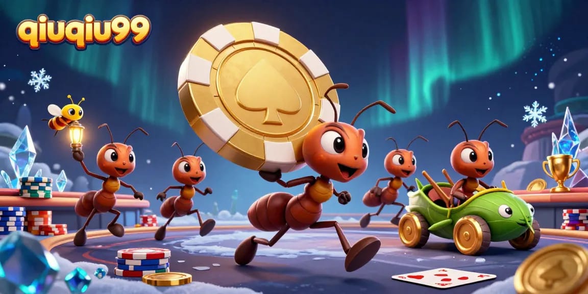QiuQiu99 showcases a fun heist scene with playful ants stealing a giant poker chip amidst a poker theme.