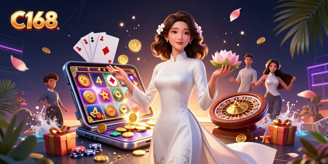 Win big with C168 in this vibrant casino scene featuring stunning visuals and gaming excitement.