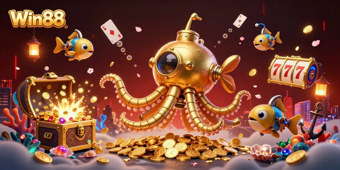 Experience Win88's thrilling slot adventure with a golden kraken and mechanical fish in a treasure-filled scene.