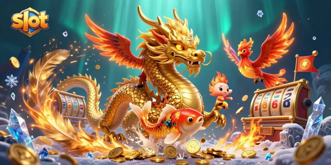 Spin slot reels with a golden dragon and phoenix in a dynamic casino scene.
