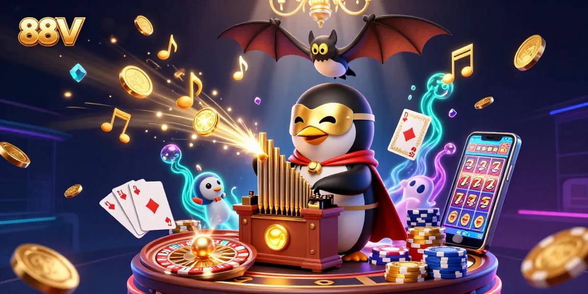 88VV gaming excitement with a golden coin-shooting organ and acrobatic character in a vibrant casino scene