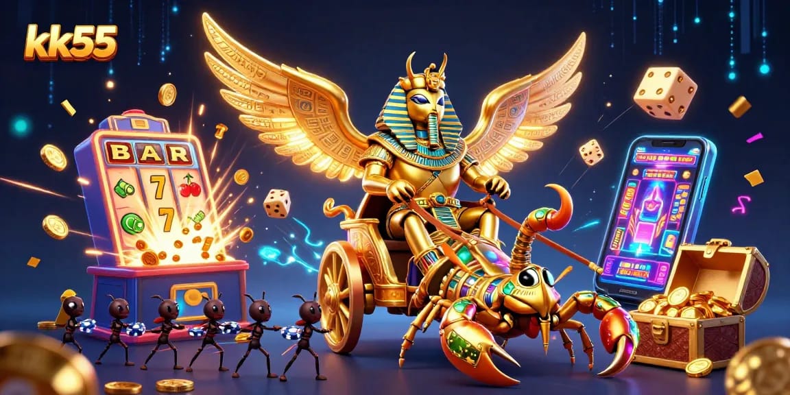 Engage in thrilling gaming at kk55 with an energetic 3D illustration showcasing vibrant casino elements.
