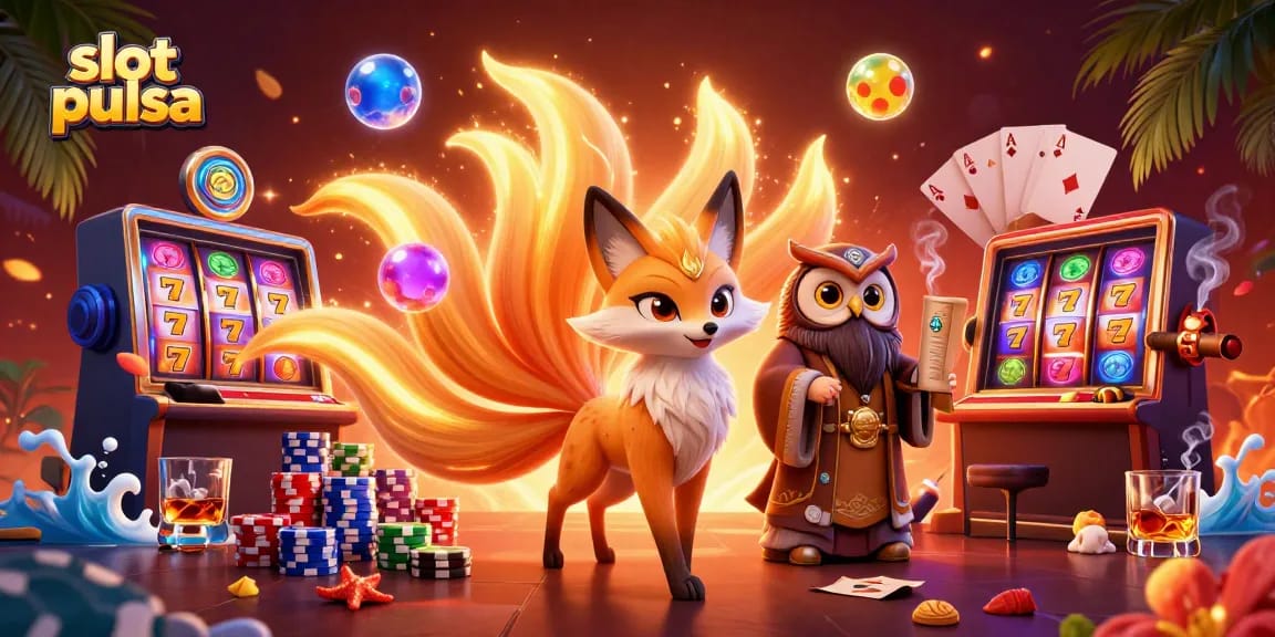 Engage with slot pulsa action in a vibrant 3D casino scene, featuring dynamic characters and neon symbols.